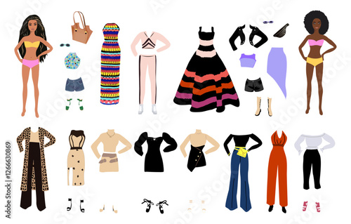 Fashion doll. Two Beautiful girls different skin colors with outfit and accessories. Dress up paper doll. Hand drawn cartoon vector illustrations isolated on transparent background.