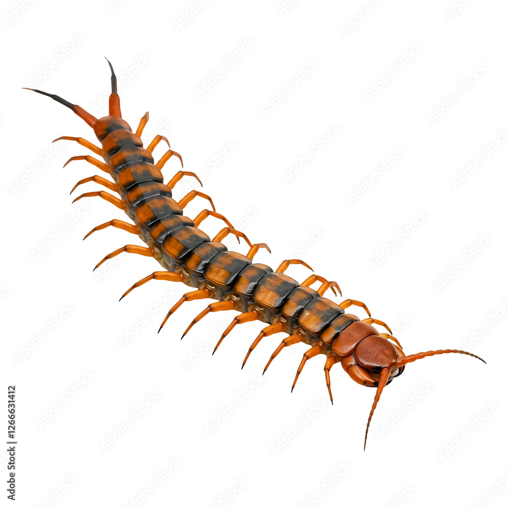Fototapeta premium Striped Centipede Crawls on Black Background