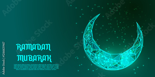 Ramadan Mubarak Low Poly Background – Futuristic Islamic Eid Design with Glowing Crescent Moon, Wireframe Hand, Blue Night Sky, and Sparkling Stars