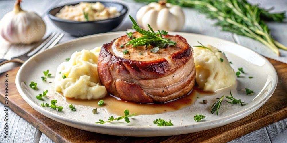 A savory bacon-wrapped meat medallion served with creamy mashed potatoes and fresh herbs, a delectable culinary presentation A savory bacon-wrapped meat medallion served with creamy mashed potatoes and fresh herbs, a delectable culinary presentation