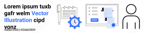 Pen, calendar planner, gear, user profile icon, and payment document highlight task organization, HR workflow. Ideal for payroll, productivity, HR tools admin processes scheduling team