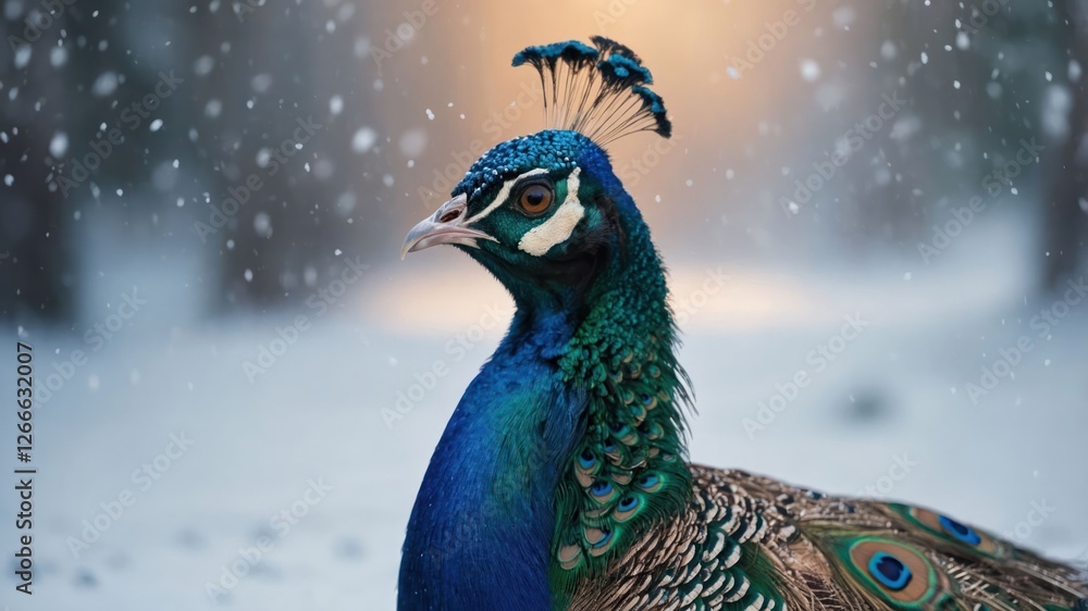 A vibrant peacock stands gracefully in a snowy landscape. A vibrant peacock stands gracefully in a snowy landscape.