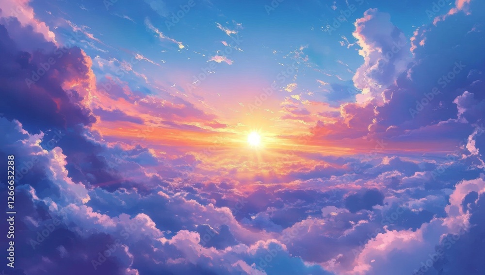 Sunset above cloudscape, vibrant hues, aerial view, digital art, website banner Sunset above cloudscape, vibrant hues, aerial view, digital art, website banner