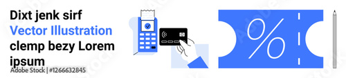 Payment terminal with credit card interaction, discount voucher, and pencil. Ideal for finance, e-commerce, sales, technology, budgeting retail marketing. Abstract line flat metaphor