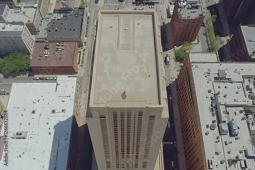 Aerial view of city rooftop with American flag photo