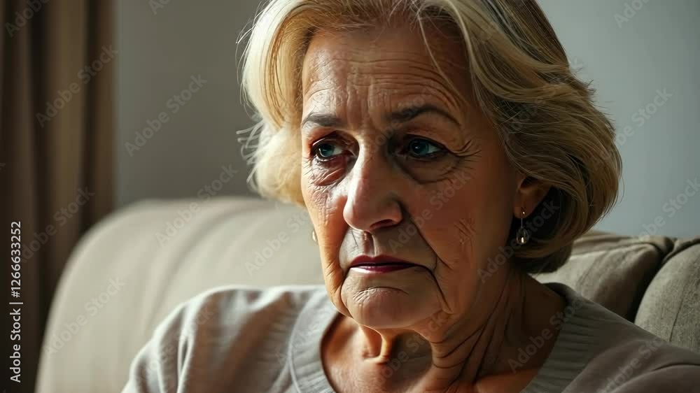 Thoughtful elderly woman sitting on a couch in a dimly lit room. Thoughtful elderly woman sitting on a couch in a dimly lit room.