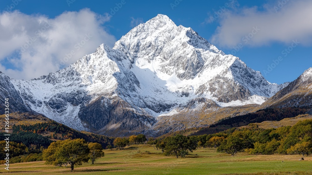 Snowy mountain peak, autumnal valley landscape, serene scene, scenic view, great outdoors Snowy mountain peak, autumnal valley landscape, serene scene, scenic view, great outdoors