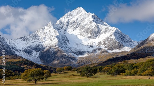 Snowy mountain peak, autumnal valley landscape, serene scene, scenic view, great outdoors
