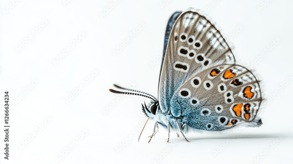 Obraz premium A close-up of a butterfly showcasing its intricate patterns and colors against a white background.