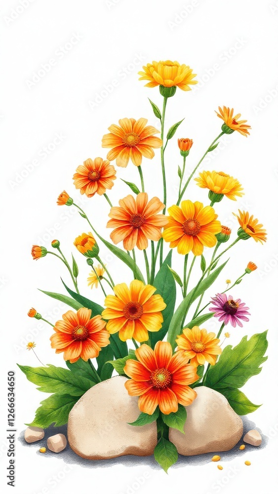 Obraz premium an artistic depiction of a cheerful flower bed with an assortment of blooming flowers in warm colors, complemented by green leaves and abstract stone elements, on a clean white background.