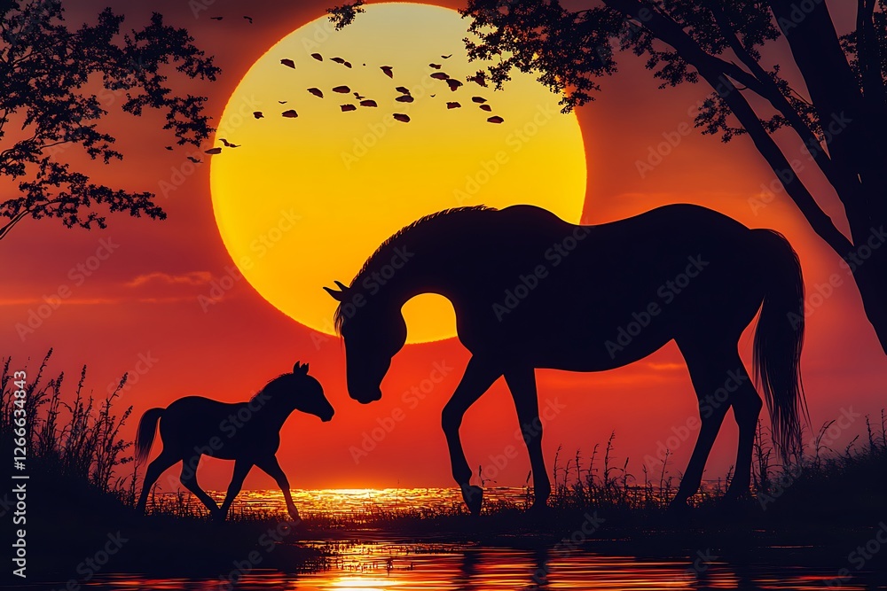 An idyllic sunset scenario featuring a mare and her foal walking along a riverside, silhouetted against the vibrant hues of the setting sun. An idyllic sunset scenario featuring a mare and her foal walking along a riverside, silhouetted against the vibrant hues of the setting sun.