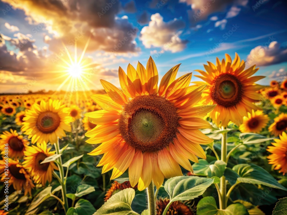 Fototapeta premium Vintage sunlit sunflowers, a vibrant summer sky; nature's artistry captured.