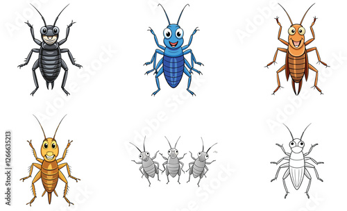 Crickets insect with various color vector art set design on white background