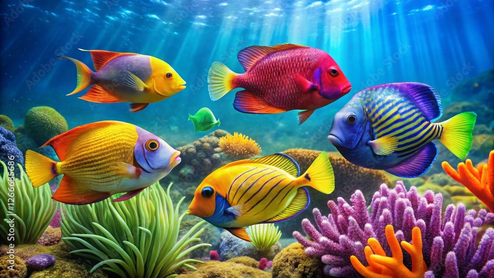 Vibrant Reef Inhabitants A Colorful Underwater Scene Featuring Five Striking Fish Species Surrounded by Lush Coral and Aquatic Plants Vibrant Reef Inhabitants A Colorful Underwater Scene Featuring Five Striking Fish Species Surrounded by Lush Coral and Aquatic Plants