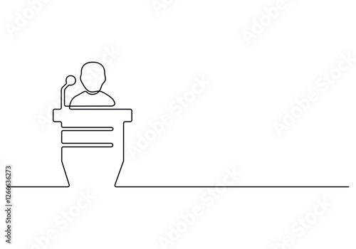 Continuous line drawing of vector a speaker in front of an audience. Standing confident and calm. Speech his ideas and giving motivation. vector illustration