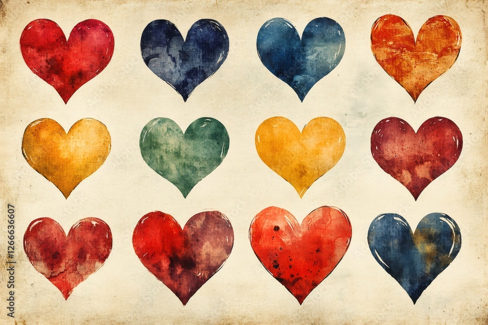 Fototapeta premium Vibrant Watercolor Hearts on Vintage Background