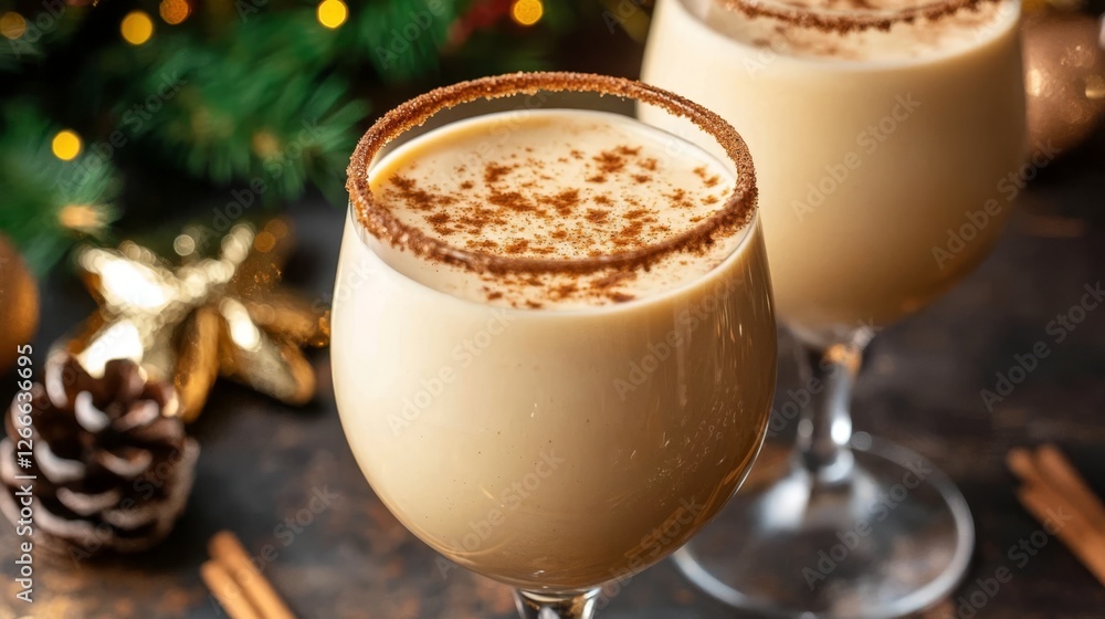 Enjoy the classic winter beverage served in cinnamon-rimmed glasses. Enjoy the classic winter beverage served in cinnamon-rimmed glasses.