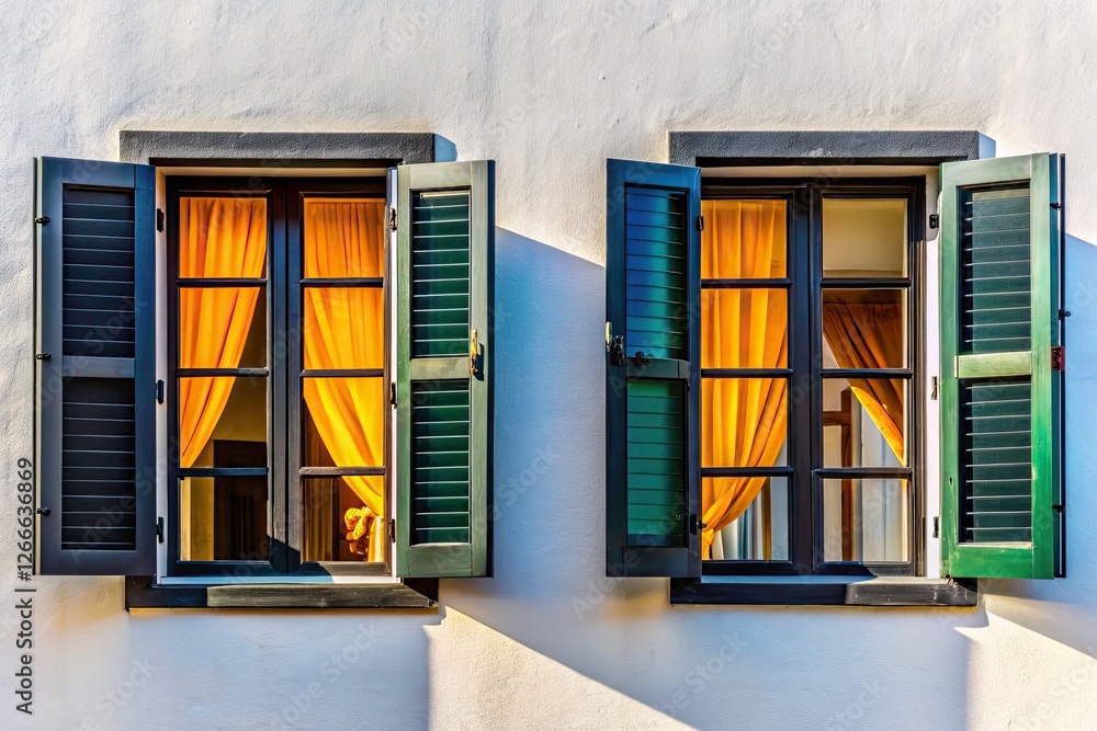 Obraz premium White walls, black windows frame open panes; drawn curtains whisper secrets within.