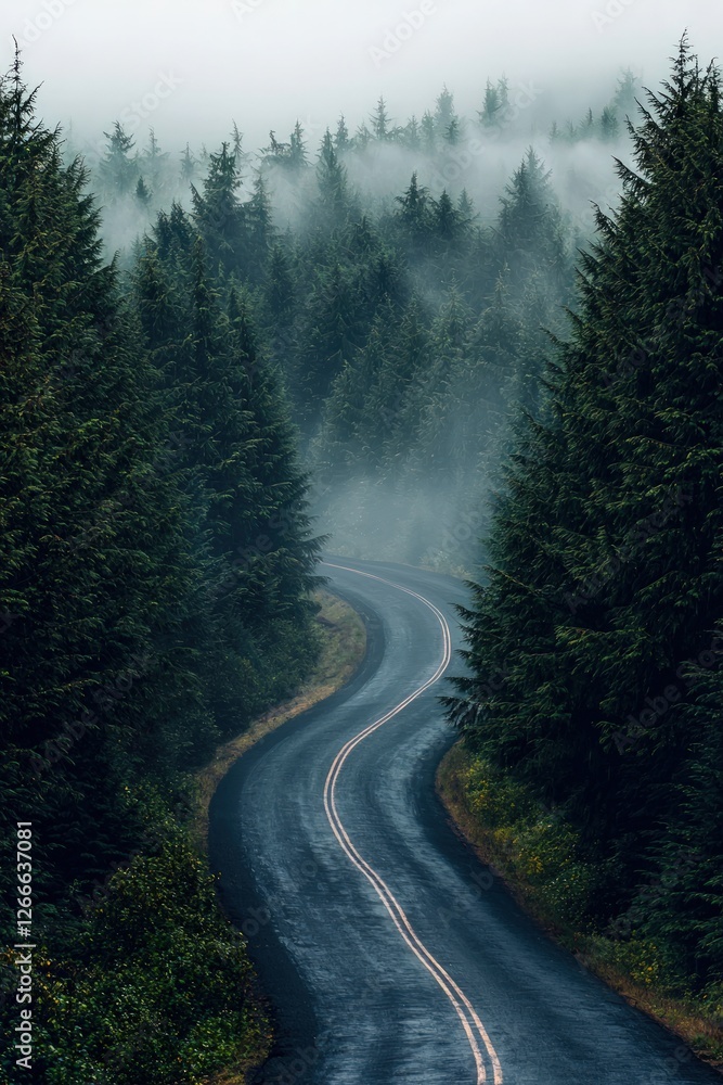 Foggy road disappearing into a dense pine forest Foggy road disappearing into a dense pine forest