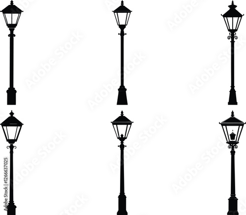 street lamp silhouette set, old post lamps silhouette vector