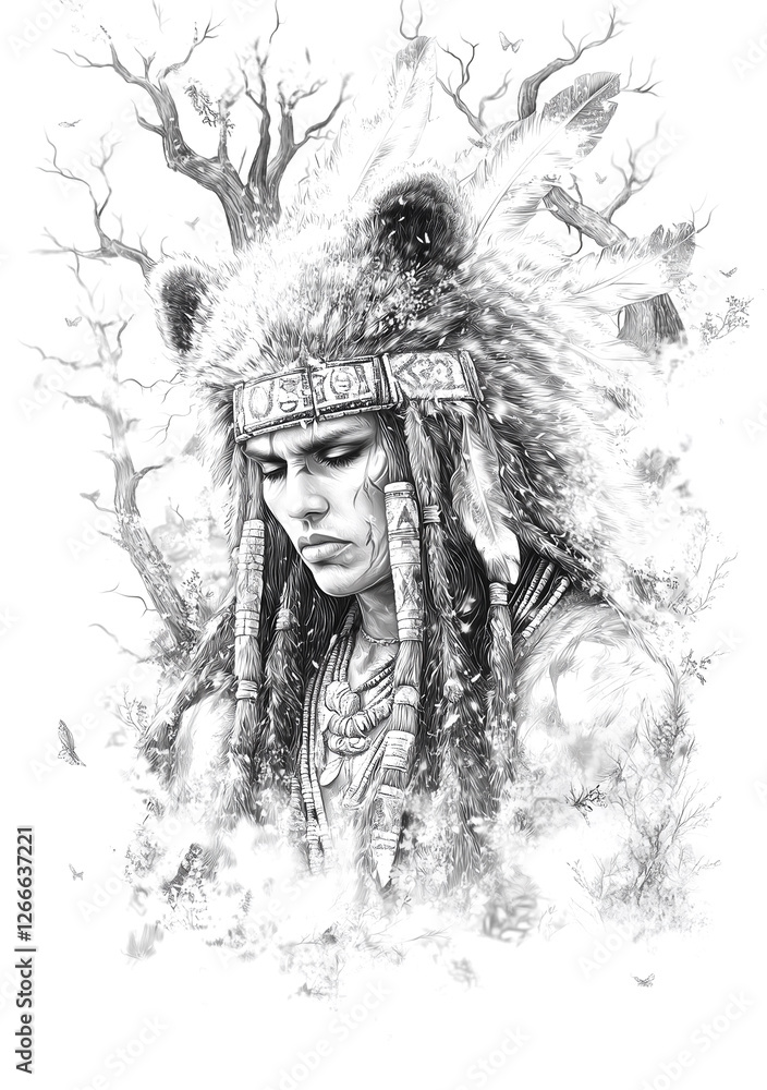 Man wearing a headdress and a necklace. The man is looking at the camera. The background is a forest with trees