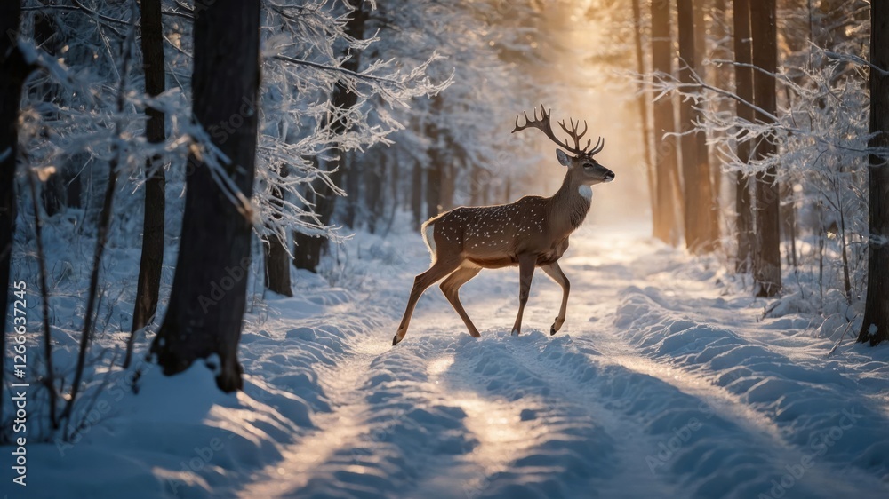 A deer walks through a snowy forest, illuminated by soft sunlight filtering through trees. A deer walks through a snowy forest, illuminated by soft sunlight filtering through trees.