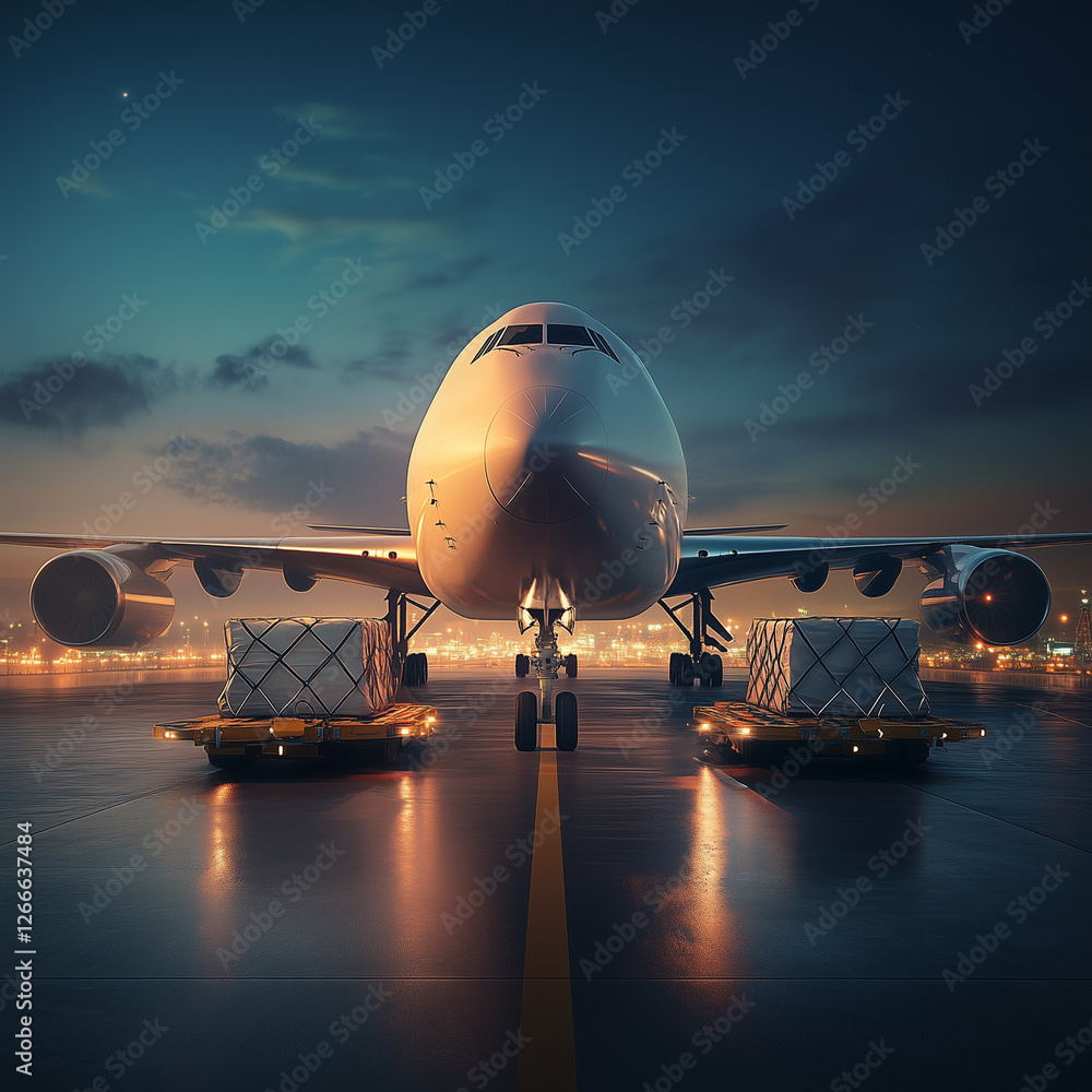 A cargo airplane is parked on the runway with large containers, ready for loading or departure at night A cargo airplane is parked on the runway with large containers, ready for loading or departure at night