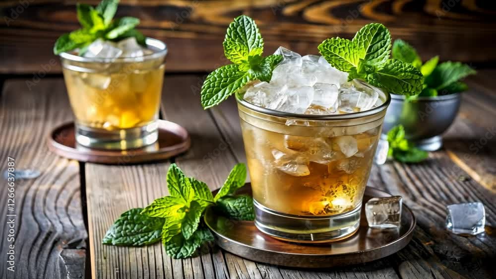 Refreshing mint julep cocktails with ice on a rustic wooden table.
Refreshing mint julep cocktails with ice on a rustic wooden table.