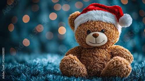Wallpaper Mural Festive teddy bear in Santa hat, Christmas lights background Torontodigital.ca