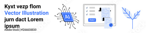 AI chip with circuit lines, digital payment receipt with Pay button, and minimalist eco-style leaf. Ideal for tech innovation, digital finance, artificial intelligence, sustainability, fintech