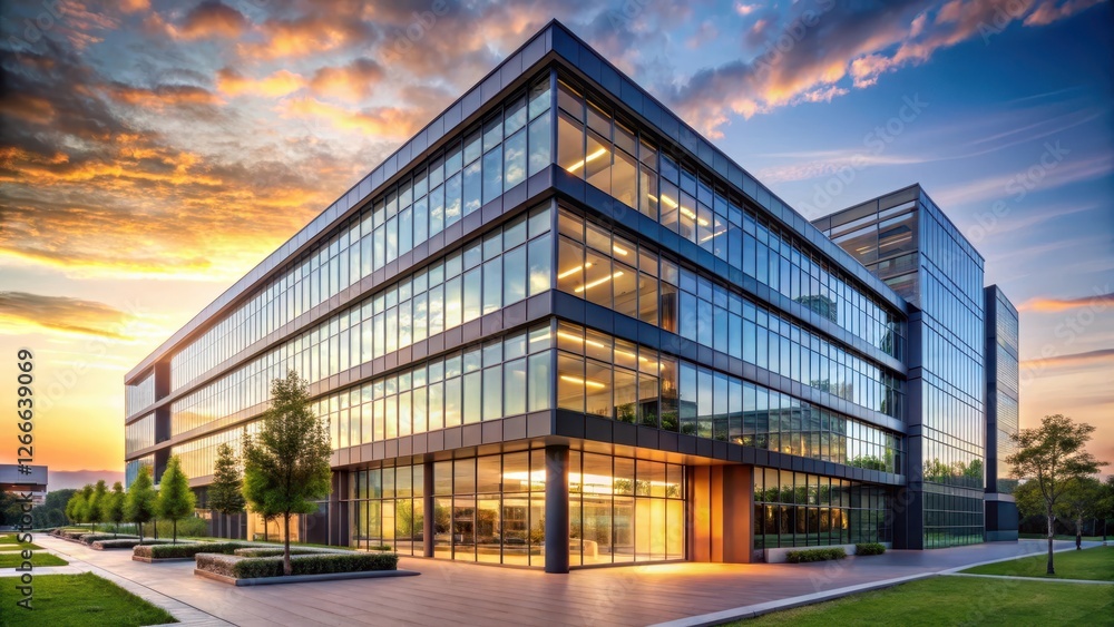 Obraz premium Sleek office building facade at sunset with a modern glass and steel exterior, urbanization