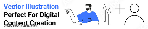 Man gesturing toward upward arrows and user avatar conveys growth, direction, and connection. Ideal for marketing, education, teamwork, professional guidance, analytics, content creation flat
