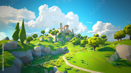 3d low poly scenery medieval landscape, bright color, fun theme, 3d render style, bright color, blue sky with clouds