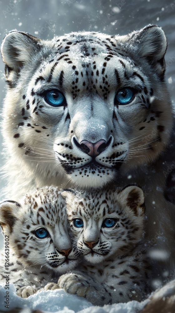 Obraz premium Snow leopard protecting her two cubs during snowfall