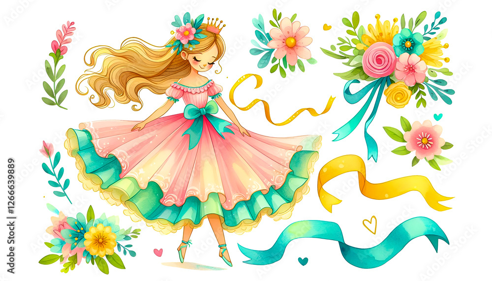 Obraz premium Playful princess twirling in her dress, with a flowing ribbon in her hair and a trail of flowers around her. Watercolor clipart illustration isolated on a white background