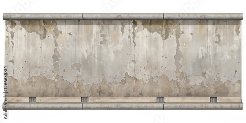 A weathered concrete wall section, showing significant age and deterioration, presented as a rolled-up panel with visible drainage elements.