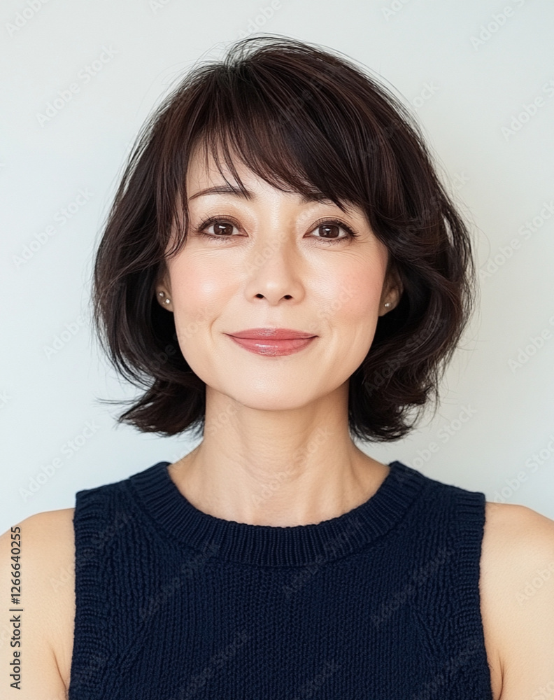 Against a plain white background, a Japanese woman in her 40s with short hairstyle stands in a dark blue sleeveless shirt. Against a plain white background, a Japanese woman in her 40s with short hairstyle stands in a dark blue sleeveless shirt.