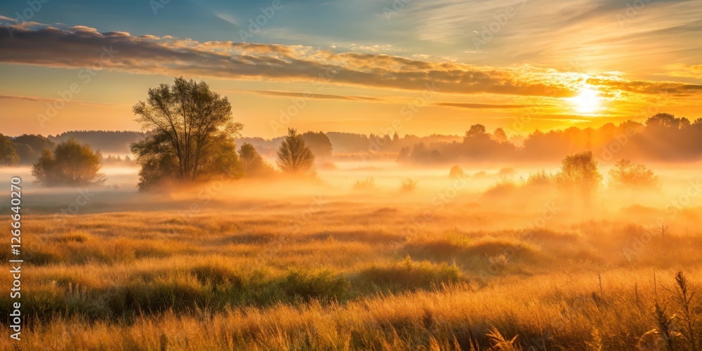 Fototapeta premium Silky morning mist shrouds a serene grassland as sunrise bursts with warm golden hues and gentle light , dawn, sunrise over misty grassland