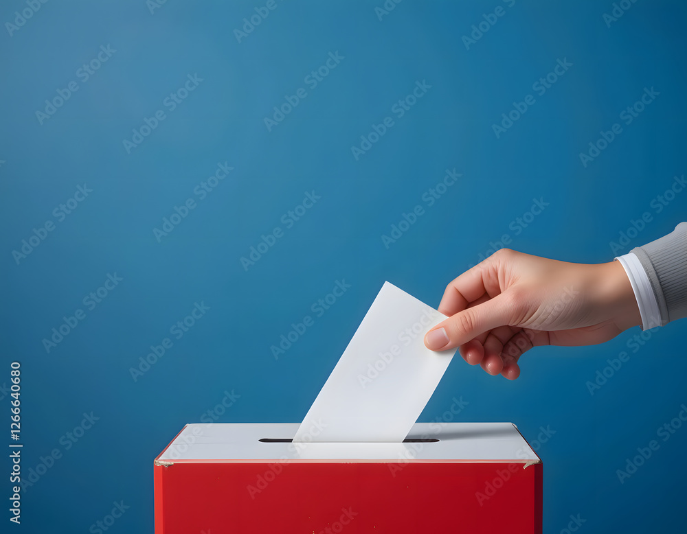 Hand Placing Ballot in Voting Box Against Blue Background Hand Placing Ballot in Voting Box Against Blue Background
