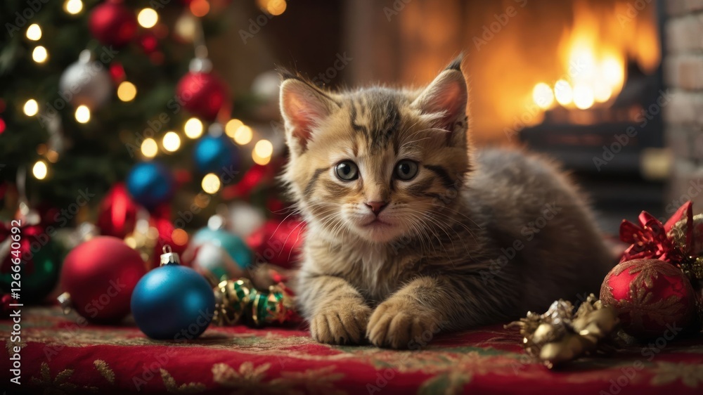 A playful kitten surrounded by Christmas decorations and a cozy fireplace ambiance. A playful kitten surrounded by Christmas decorations and a cozy fireplace ambiance.