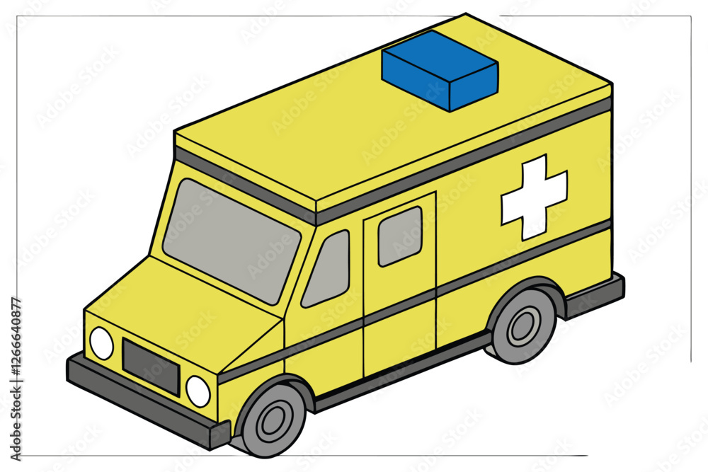 A photograph of a toy ambulance with a bright yellow body and a blue top, featuring a white cross on the front and two windows on the side. The ambulance has a black base and is designed in a simpl A photograph of a toy ambulance with a bright yellow body and a blue top, featuring a white cross on the front and two windows on the side. The ambulance has a black base and is designed in a simpl