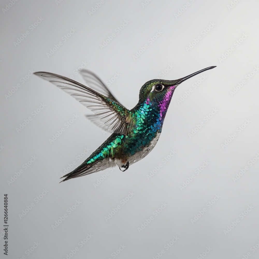 Fototapeta premium A delicate crystal hummingbird hovering mid-air, pure white background.