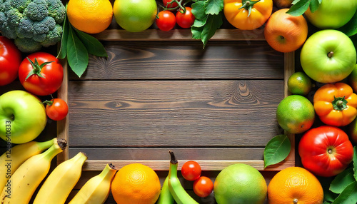 Assorted Fresh Fruits and Vegetables Border on Wooden Frame photo