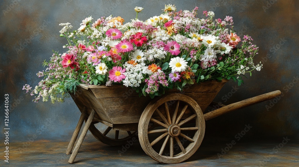 Colorful flower arrangement in a rustic wheelbarrow garden setting nature photography vibrant colors close-up floral beauty Colorful flower arrangement in a rustic wheelbarrow garden setting nature photography vibrant colors close-up floral beauty