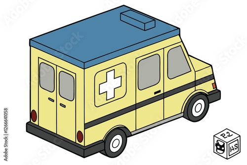  A photograph of a toy ambulance with a bright yellow body and a blue top, featuring a white cross on the front and two windows on the side. The ambulance has a black base and is designed in a simpl