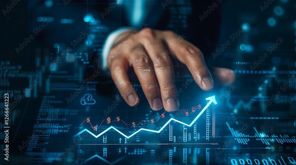Businessman with financial charts and graphs on virtual screen Businessman with financial charts and graphs on virtual screen