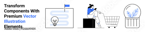 Lightbulb with flowchart, woman shopping with mobile next to a cart, and a terrarium plant. Ideal for innovation, online shopping, creativity, sustainability, minimalism, tech flat landing page