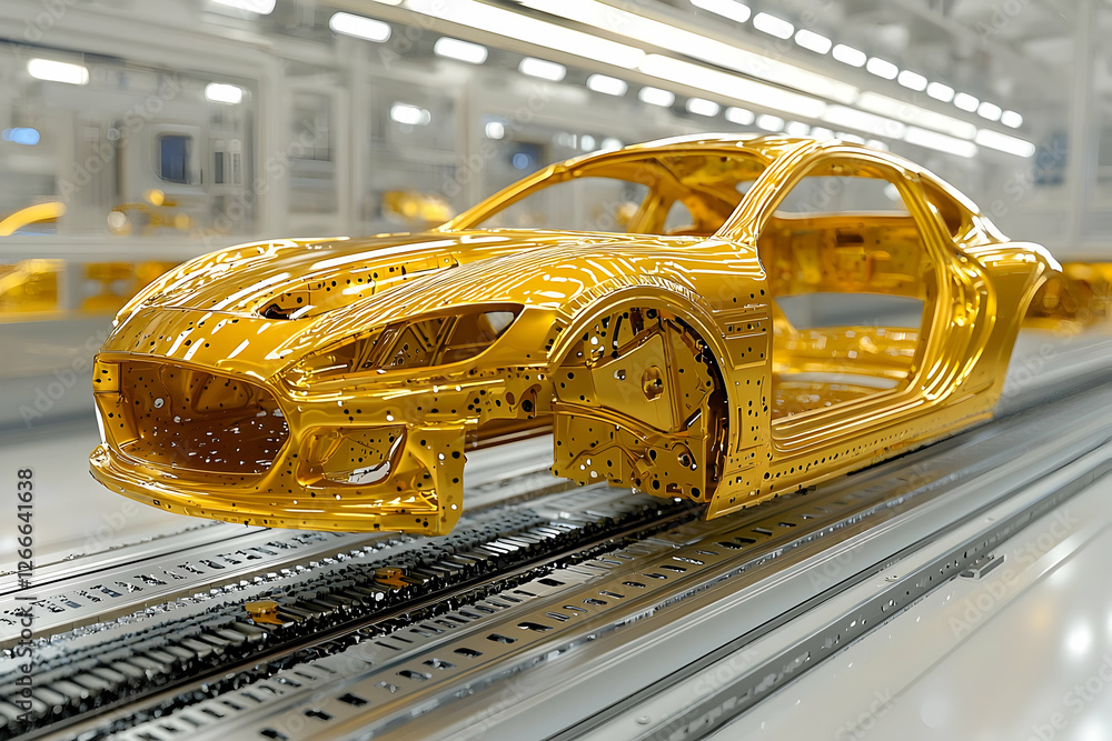 Fototapeta premium Gold Car Chassis on Manufacturing Line