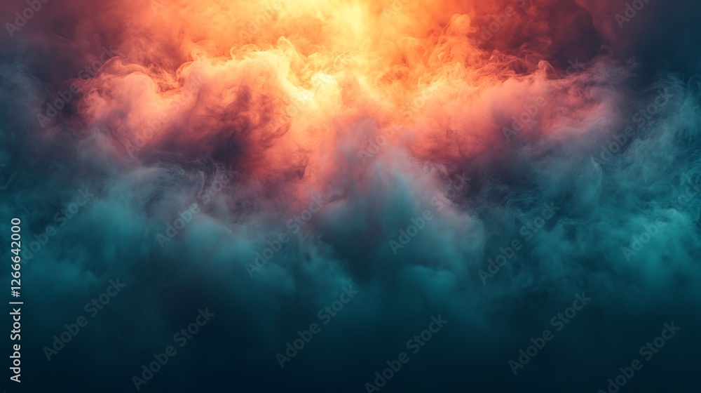 Fiery sunset cloudscape, dramatic teal smoke, atmospheric backdrop, design element Fiery sunset cloudscape, dramatic teal smoke, atmospheric backdrop, design element