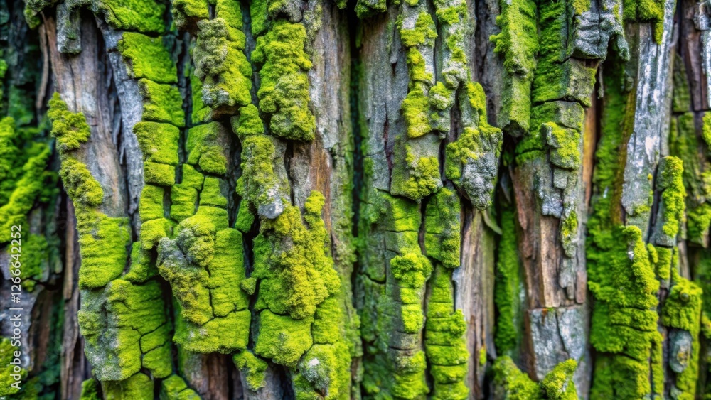 Vibrant Green Moss Flourishing on Weathered Tree Bark, a Detailed Close-Up Revealing Nature's Textural Beauty